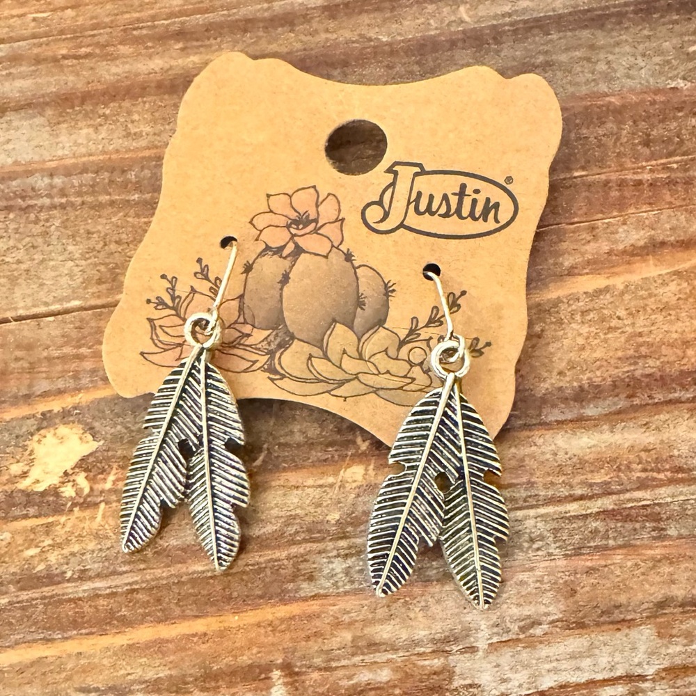 Justin Boots Western Boho Silver Feather Earrings NWT